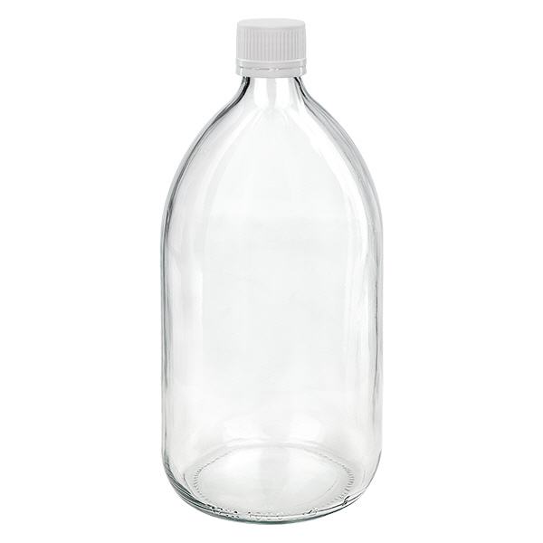 1000 ml medicinflaska klar, lock vit/fin med manipuleringssäker ring ApoGlas 1000 ml medicinflaska klar, lock vit/fin med manipuleringssäker ring ApoGlas