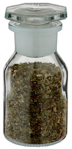 Idé för ett kryddburk i glas: sneda axlar, smal hals, 50 ml, klart glas, inkl. glaspropp