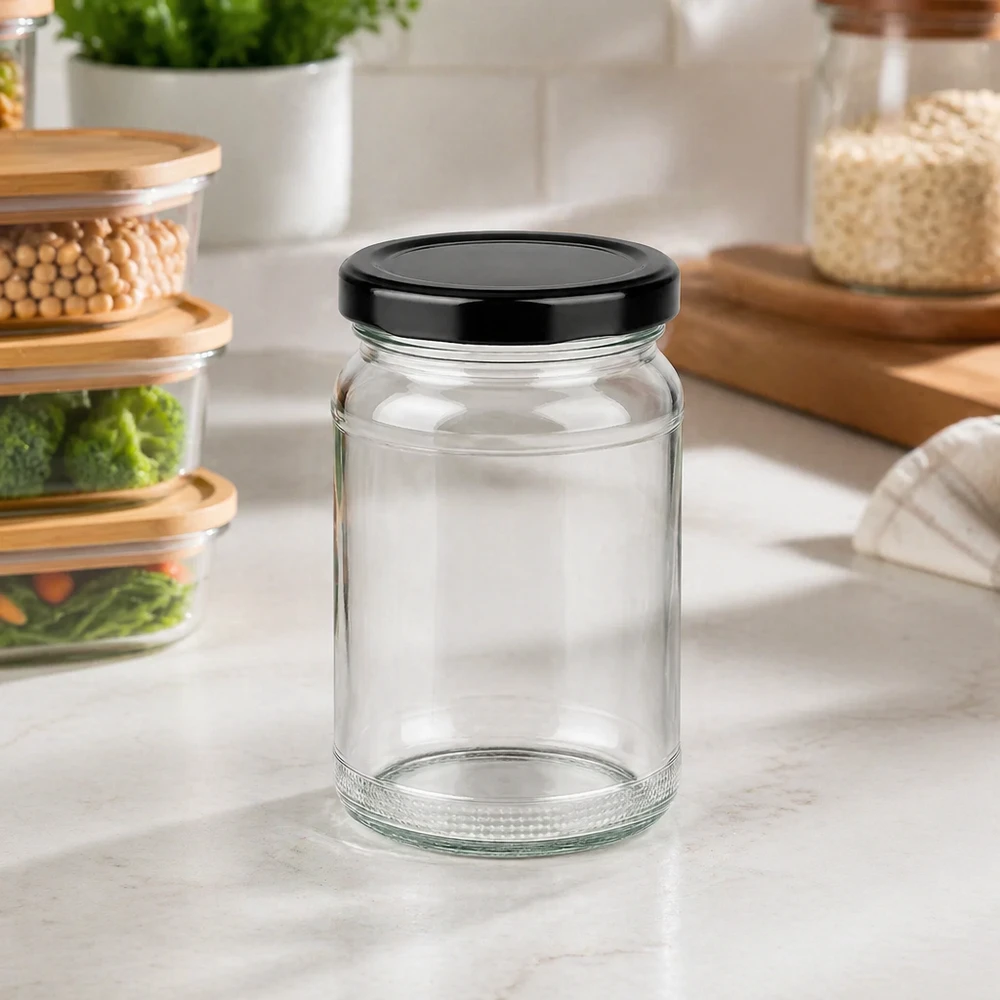 Rund burk 110 ml med lock BasicSeal svart UNiTWIST UNiTWIST runt glas 110ml i modernt kök på bänkskiva med förvaringsburkar i bakgrunden