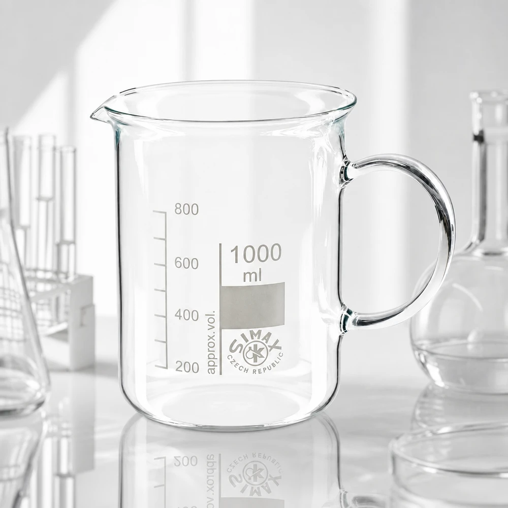 Tomt bägarglas på 1000 ml med handtag och pip på vit bakgrund