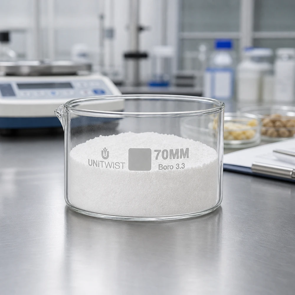Kristallisationskärl ø70 mm, borosilikatglas UNiTWIST Kristallisationsskål UNiTWIST 70 mm Boro 3.3 fylld med vitt pulver på ett laboratoriebord i rostfritt stål