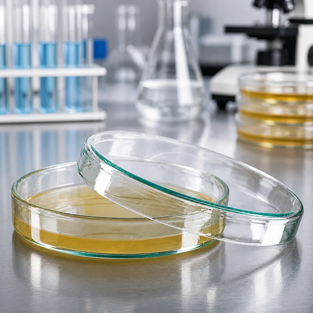 Petriskål 100 x 20 mm av glas med gult agar-näringsmedium på ett laboratoriebord av rostfritt stål