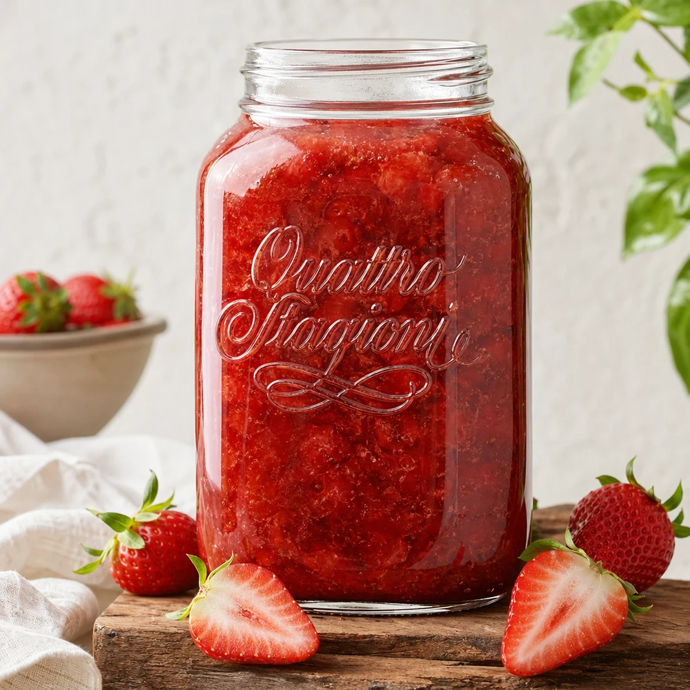 3800ml runt glas "Quattro Stagioni" QS110mm Quattro Stagioni hushållsburk 3800ml fylld med sylt av röda jordgubbar, omgiven av färska jordgubbar på en träskiva