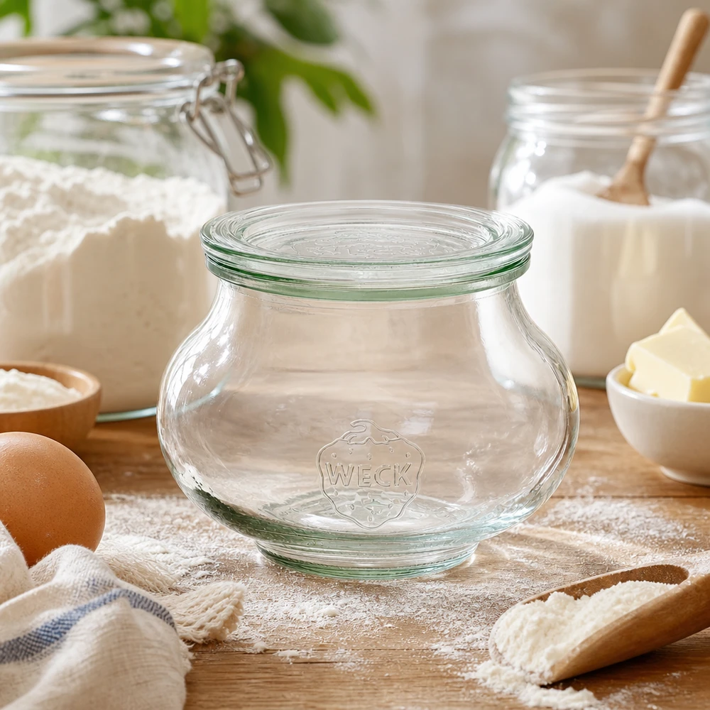 560 ml dekorativ burk med glaslock, WECK RR80 WECK dekorativ burk 560ml RR80 tom i bakningskök mellan mjöl, ägg och bakingredienser för förvaring av ingredienser