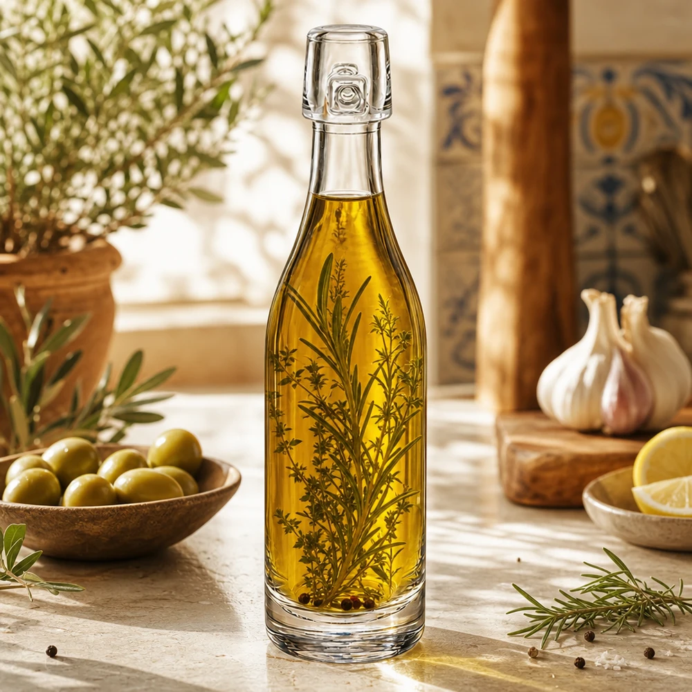 50 ml glasflaska UNiTWIST fylld med olivolja och örter Medelhavskök Oliver Vitlök Rosmarin Dekoration