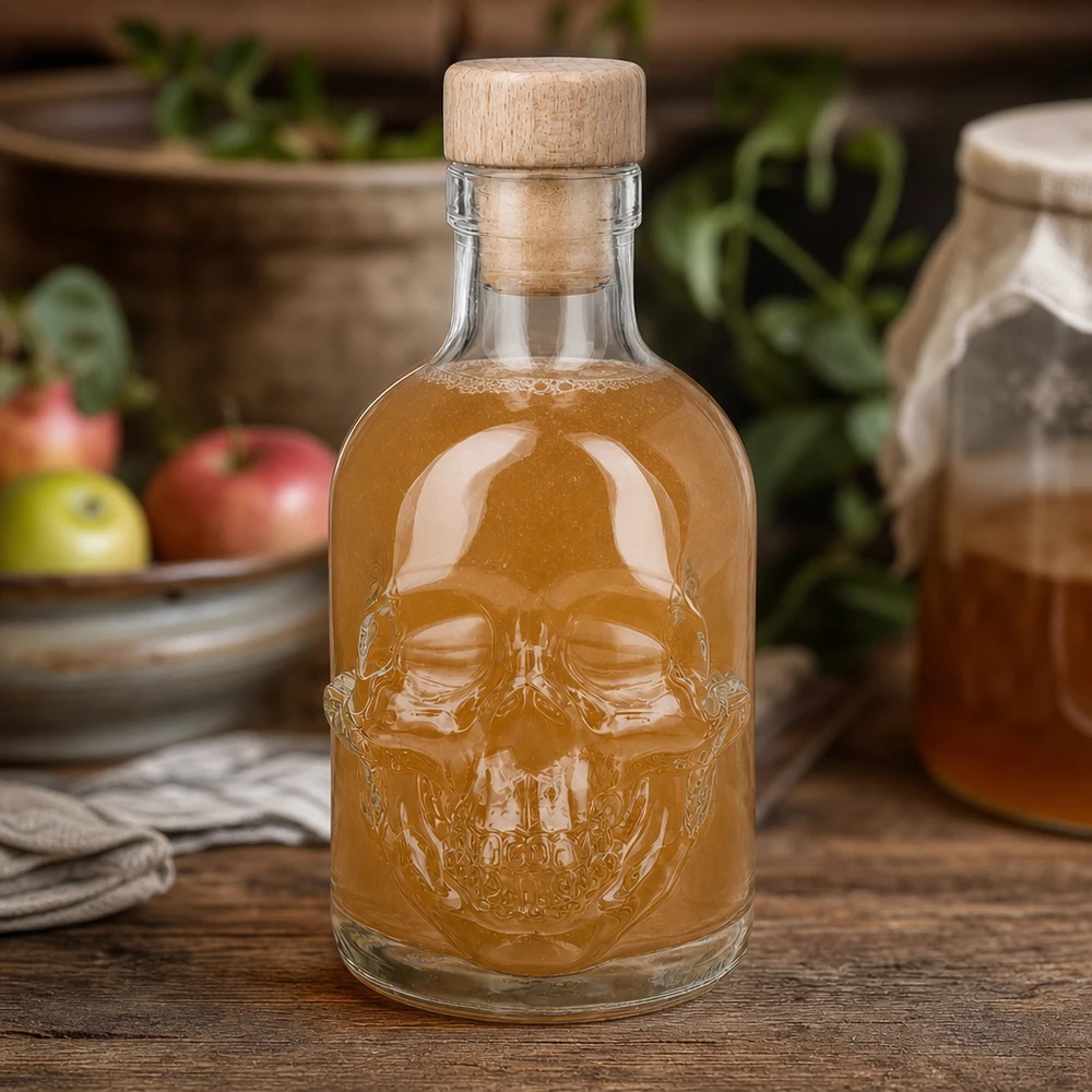 200 ml glasflaska Jack med kork med trähandtag UNiTWIST® 200 ml Jack skull-glasflaska med bärnstensfärgad fyllning i en köksmiljö med äpplen och krukor med örter