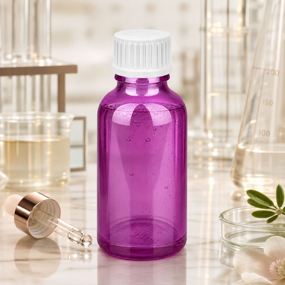 30 ml flaska (glob). 3 mm hällring vit Standard PurpleLine. UT18/30 Violett apoteksflaska 30 ml av högkvalitativt glas med barnsäkert skruvlock