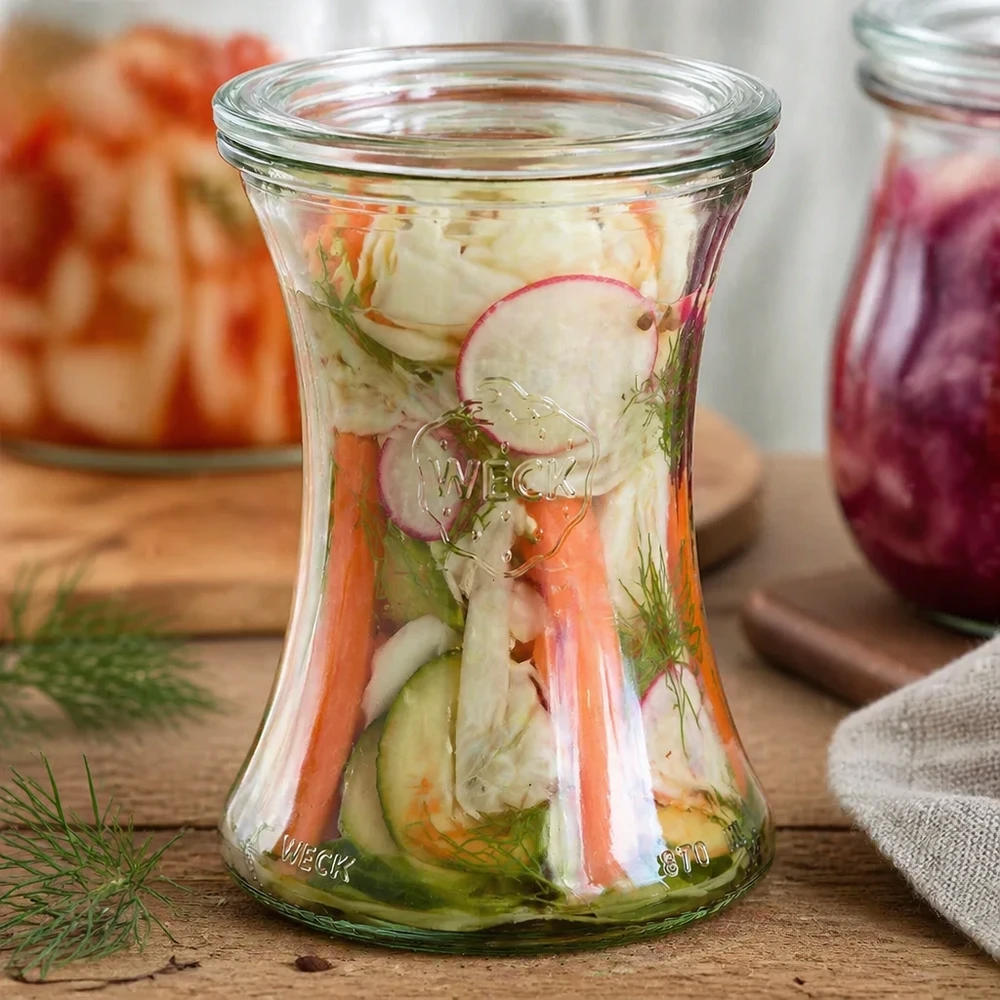 370 ml delikatessburk med glaslock, WECK RR80 WECK delikatessburk 370ml RR80 fylld med inlagda grönsaker och dill visar på mångsidiga användningsområden för konservering
