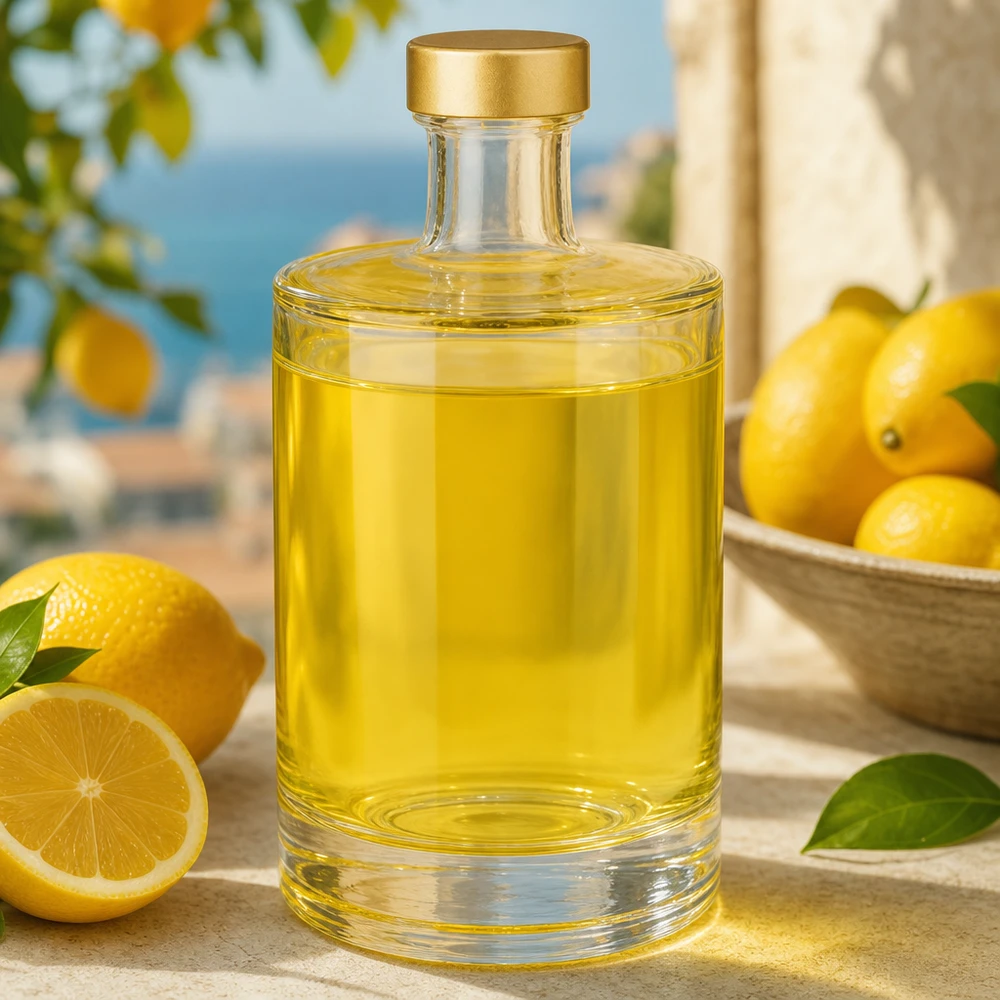 500 ml glasflaska Sam fylld med gul vätska bredvid citroner Medelhavsatmosfär UNiTWIST guldlock