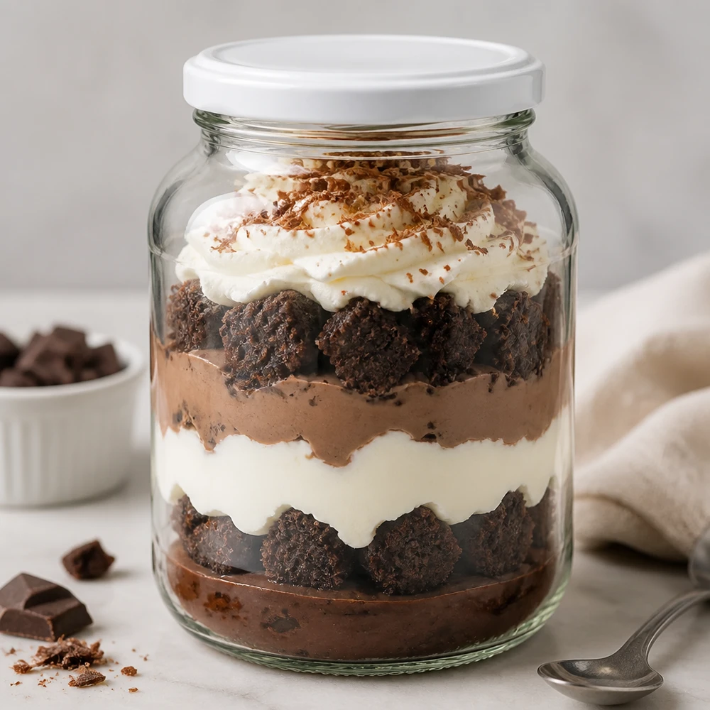 Oval burk 370 ml med lock BasicSeal vit UNiTWIST 370 ml oval burk UNiTWIST med vitt BasicSeal-lock fylld med chokladdesserttiramisu perfekt för portionering
