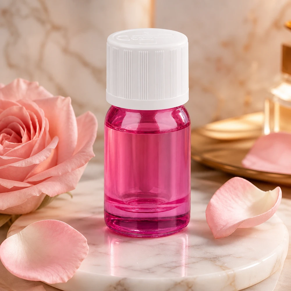 Kompakt 5 ml violett glasflaska med barnsäkerhetslås, idealisk för parfymer och essenser
