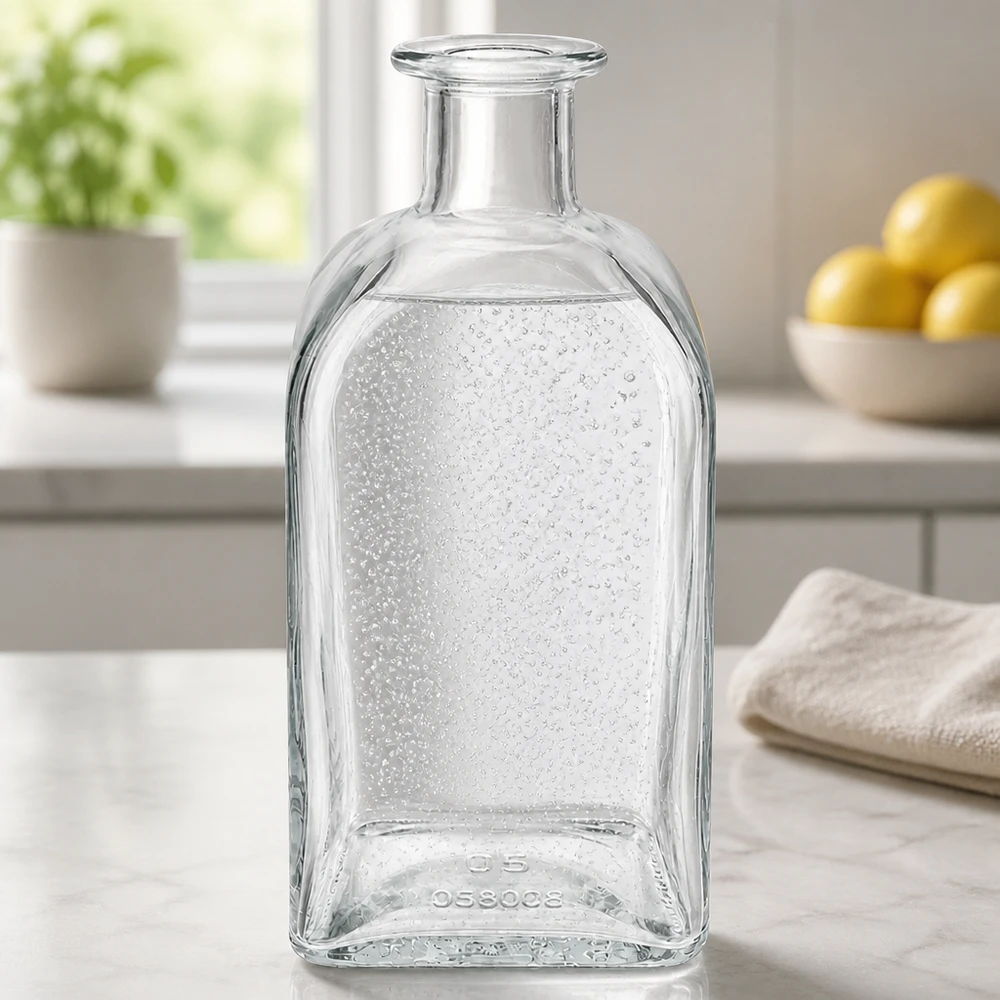 500 ml Julia glasflaska i modernt kök på marmorbänk med vattendroppar och naturligt ljus