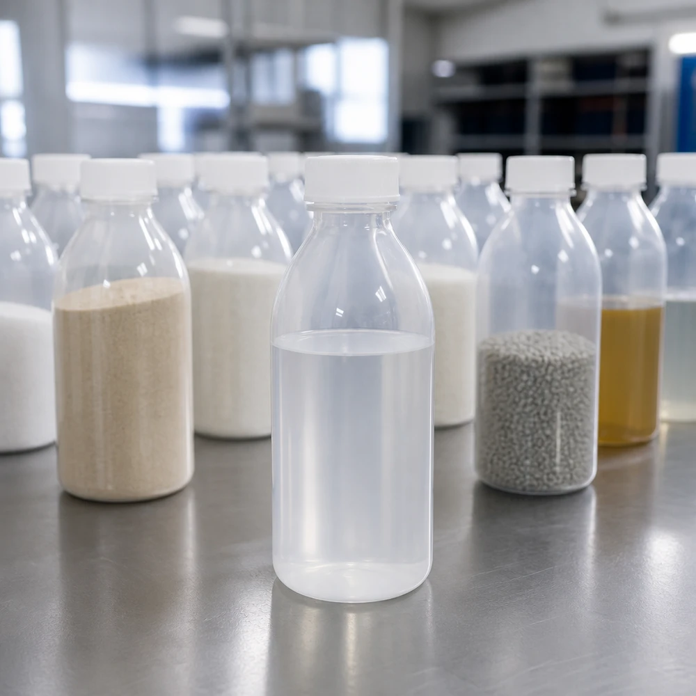 250 ml skruvflaska med smal hals och klar vätska bland olika laboratorieflaskor på ett bord av rostfritt stål
