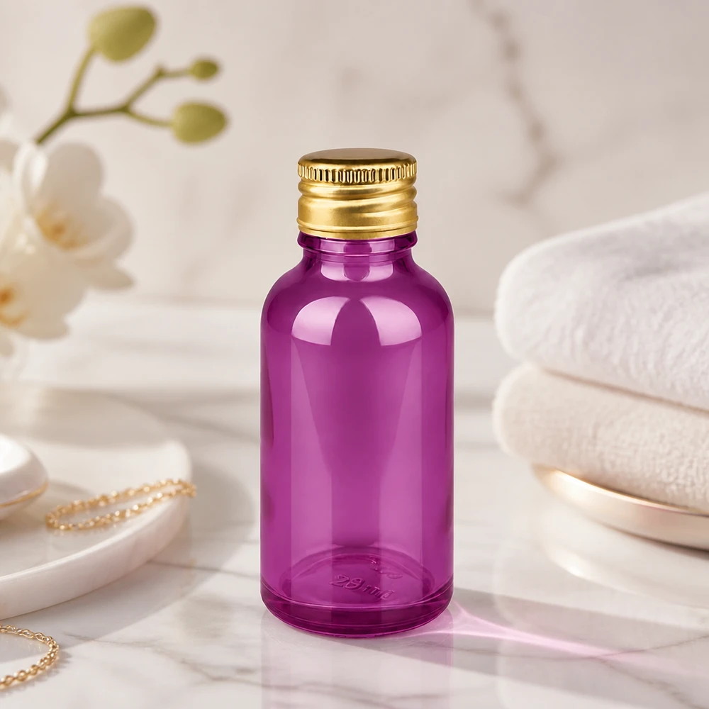 30 ml lila glasflaska med glänsande yta och guldlock i aluminium för högkvalitativa serum