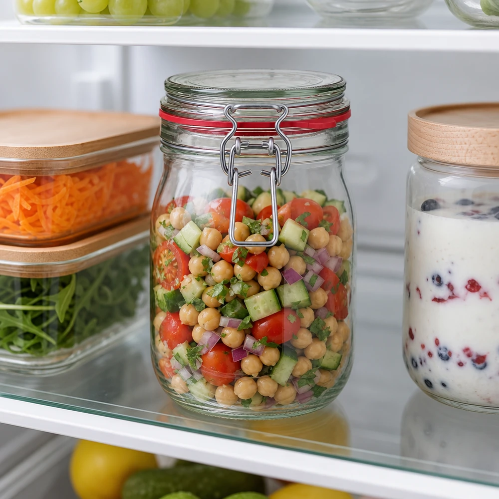 Förvaringsburk i glas 1140 ml med svängbart lock för sallader och matlagning i kylen