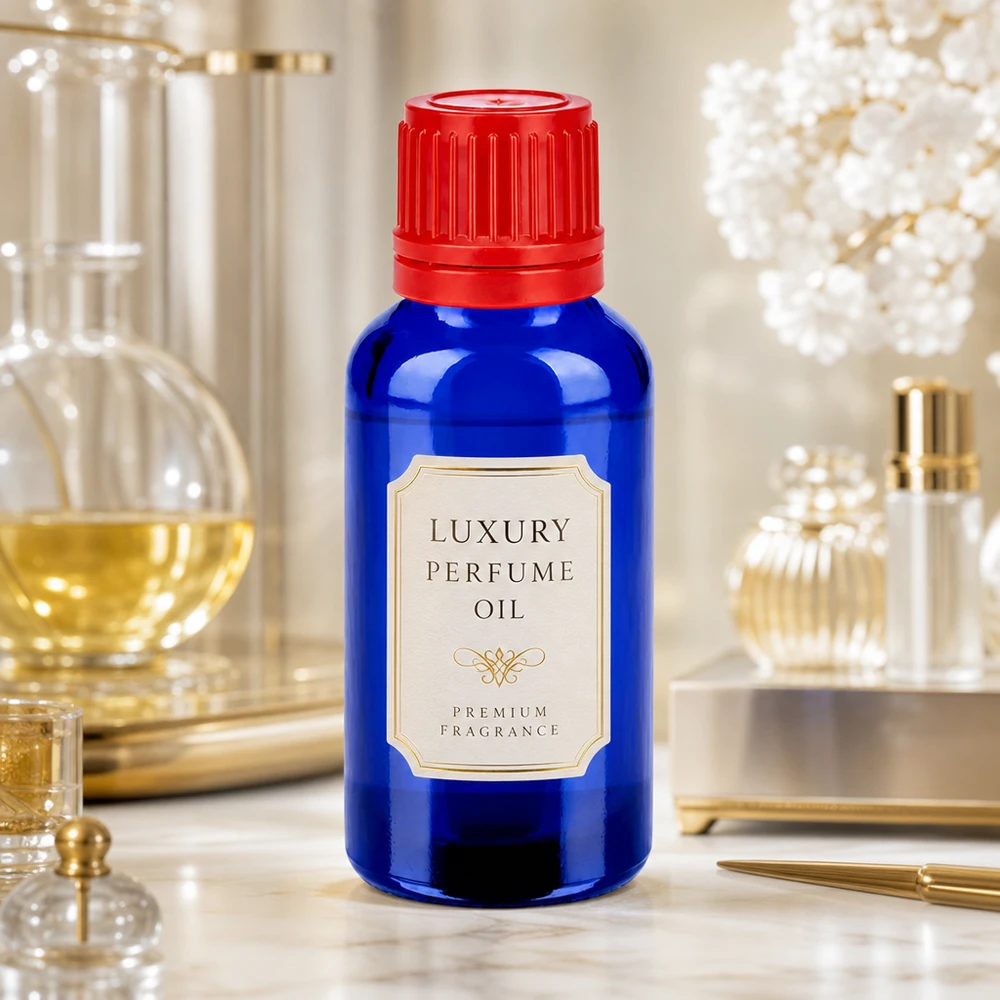 Premium 30 ml droppflaska med UT18/30-gänga i elegant blå glaslook för lyxprodukter