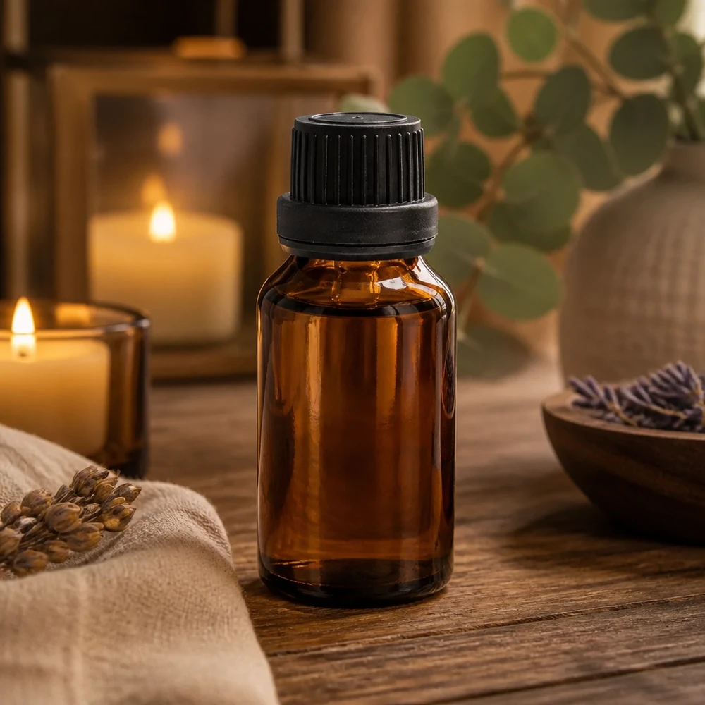 Brun glasflaska på 15 ml med svart barnsäkerhetslock bredvid ljus och lavendel