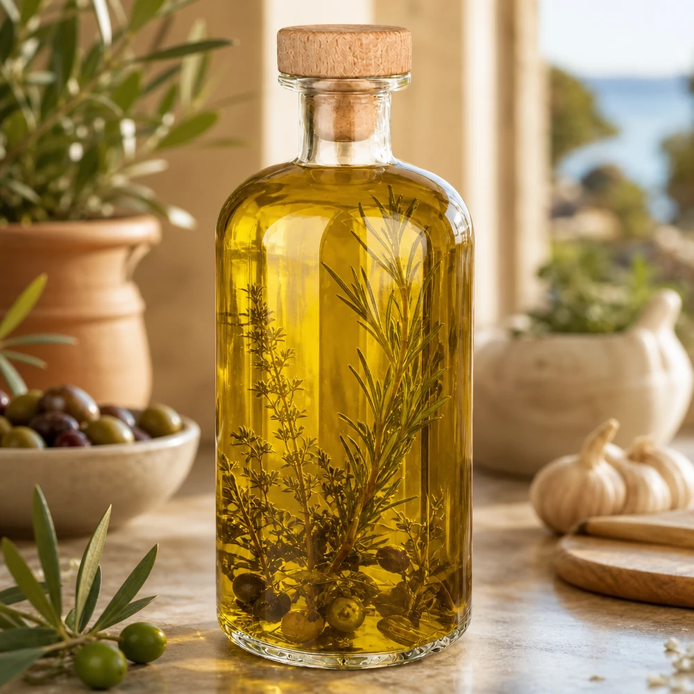 Glasflaska Flora 500ml fylld med örtolja mellan oliver rosmarin och vitlök Medelhavsköksatmosfär