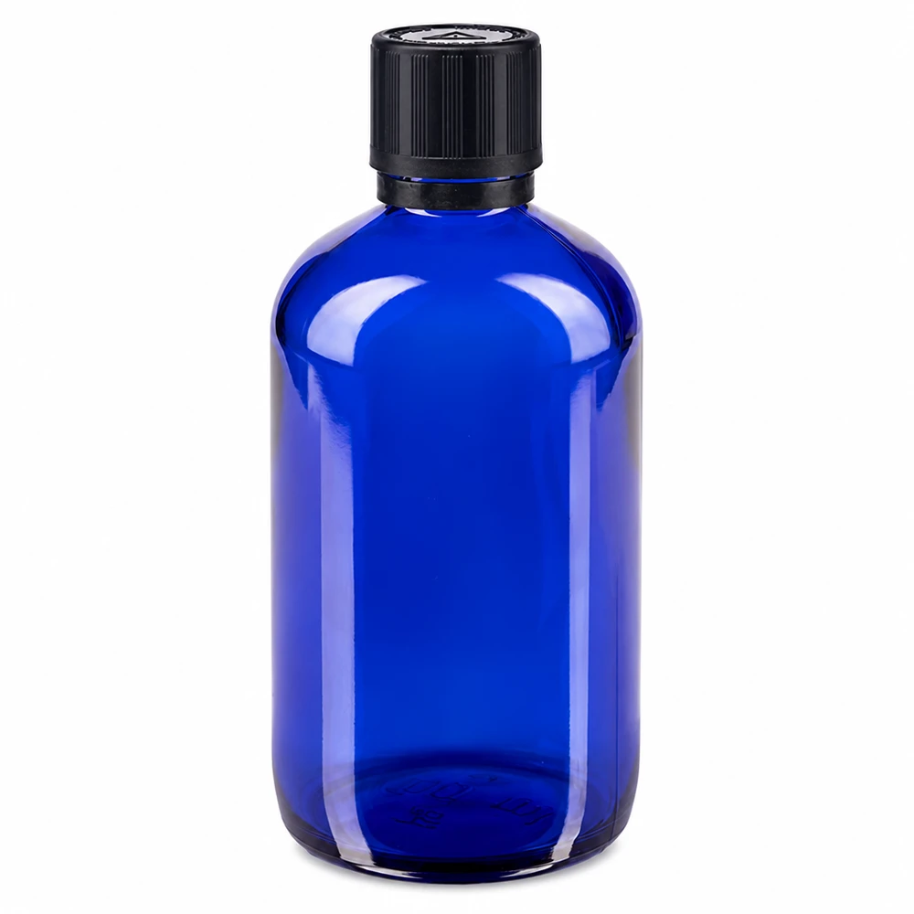 Apoteksflaska blå 100ml dropplock premium 1mm svart barnskyddande manipulationsskyddad förslutning 100 ml blå apotekarflaska i glas med svart originalförslutning och barnsäkerhetslås