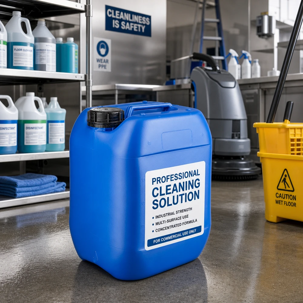 Professionell rengöringsmedelsbehållare, 10 liter, blå, med OV-skruvlock för kommersiellt bruk