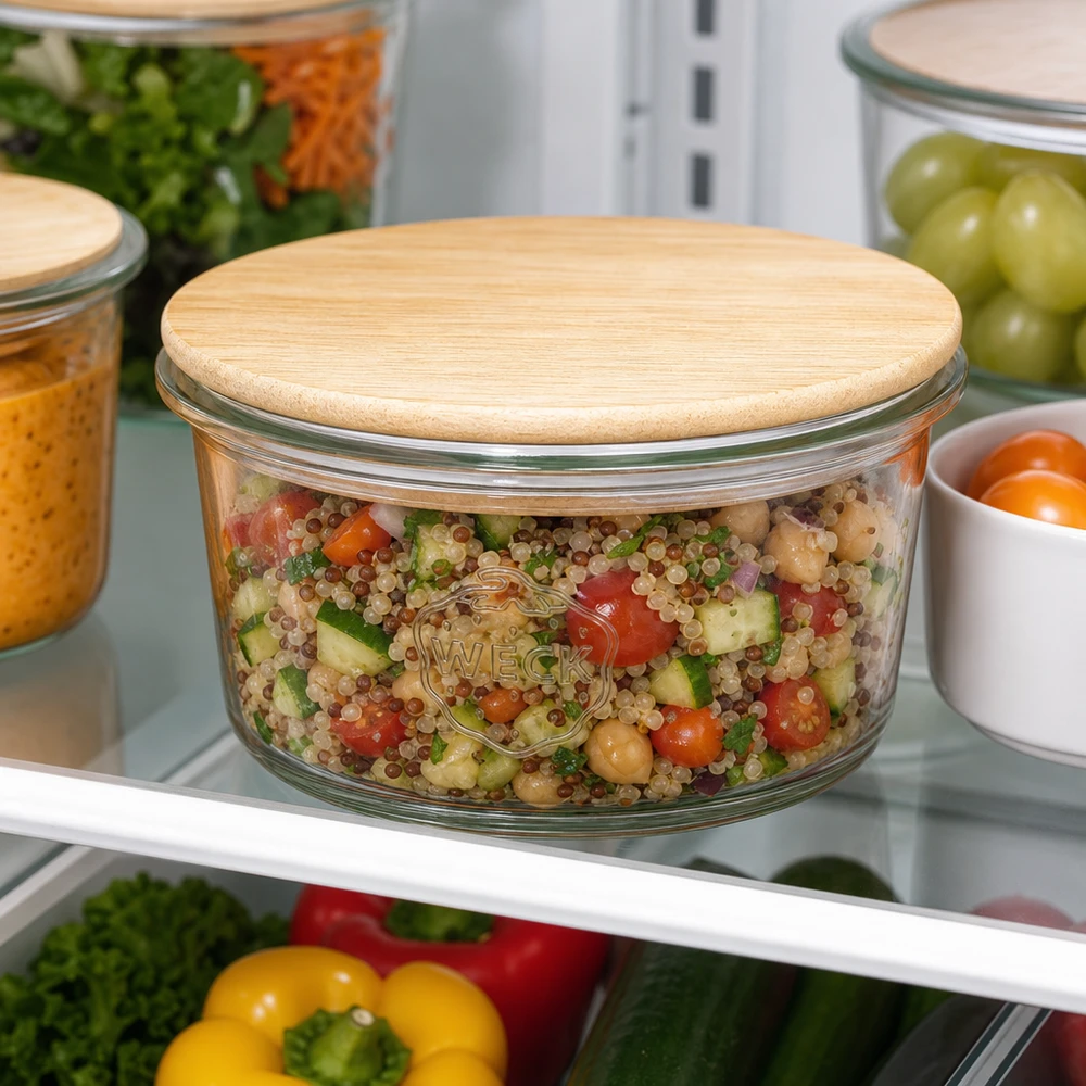 50ml mini Krossade glasögon WECK RR60 med trälock WECK Mini Sturzglas 50ml mit Quinoa-Salat gefüllt im Kühlschrank - perfekt für Meal Prep und gesunde Vorratshaltung