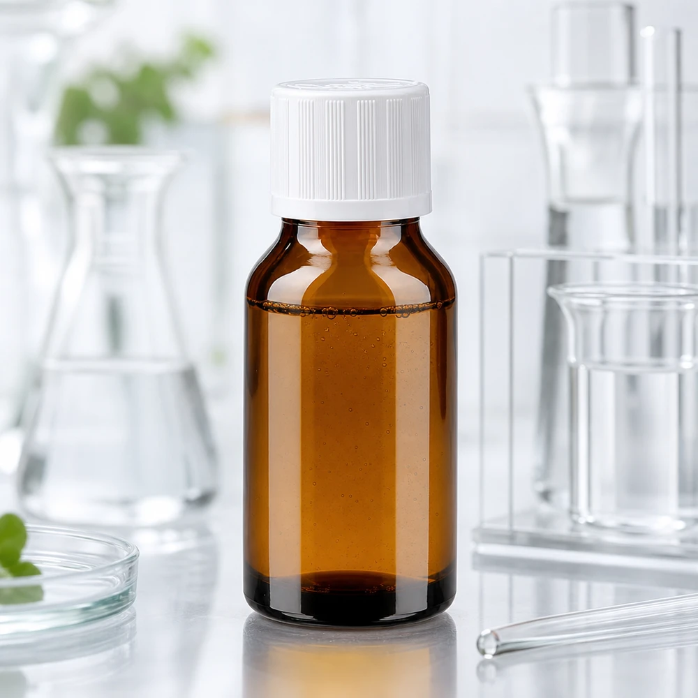 Apoteksflaska brun 15ml med skruvkork vit Barnsäker standard Apoteksflaska, 15 ml, brunt glas med vitt barnsäkert lock framför en laboratoriebakgrund