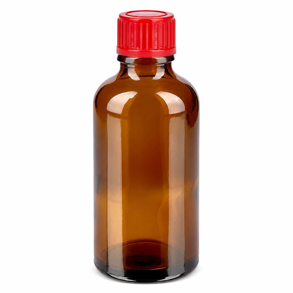 Brun 50 ml glasflaska med rött skruvlock för läkemedel och kemikalier