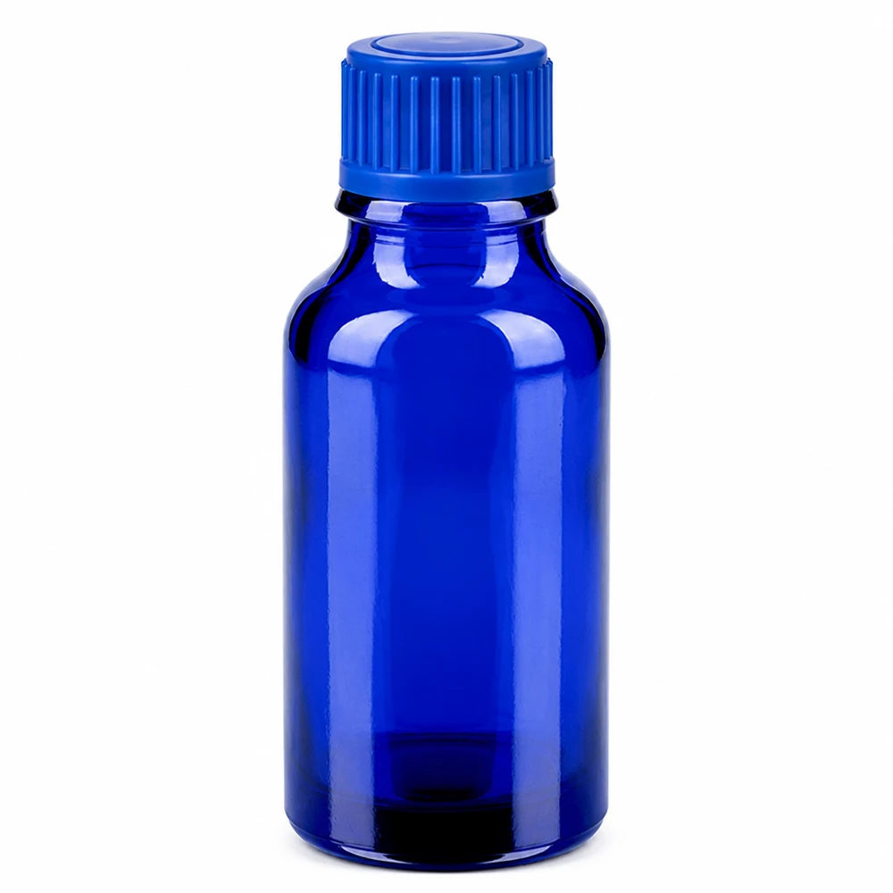 20 ml blå glasflaska med 11 mm skruvlock för eteriska oljor och essenser