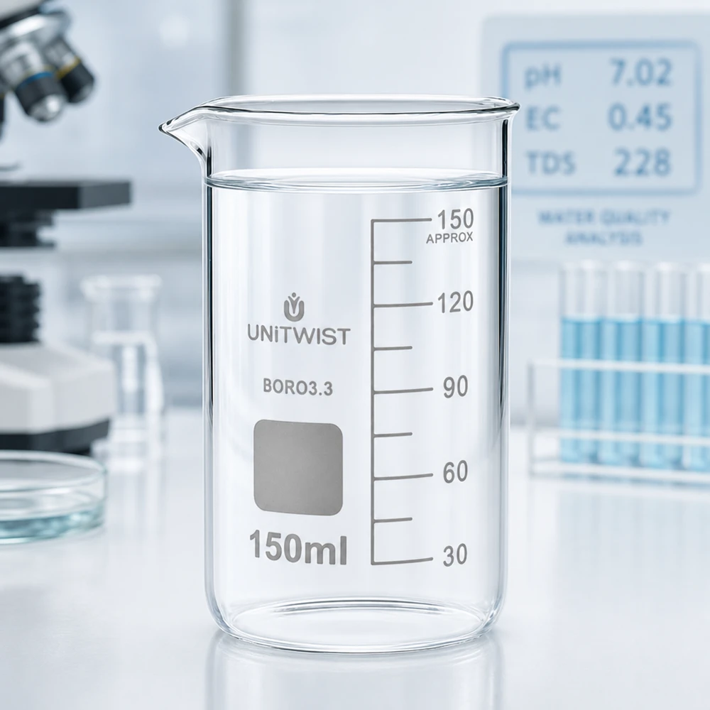 Bägare 150ml borosilikat, hög form UNiTWIST UNITWIST Bägare 150 ml, hög modell, borosilikatglas 3.3, med klart vatten och måttskala för laboratoriebruk