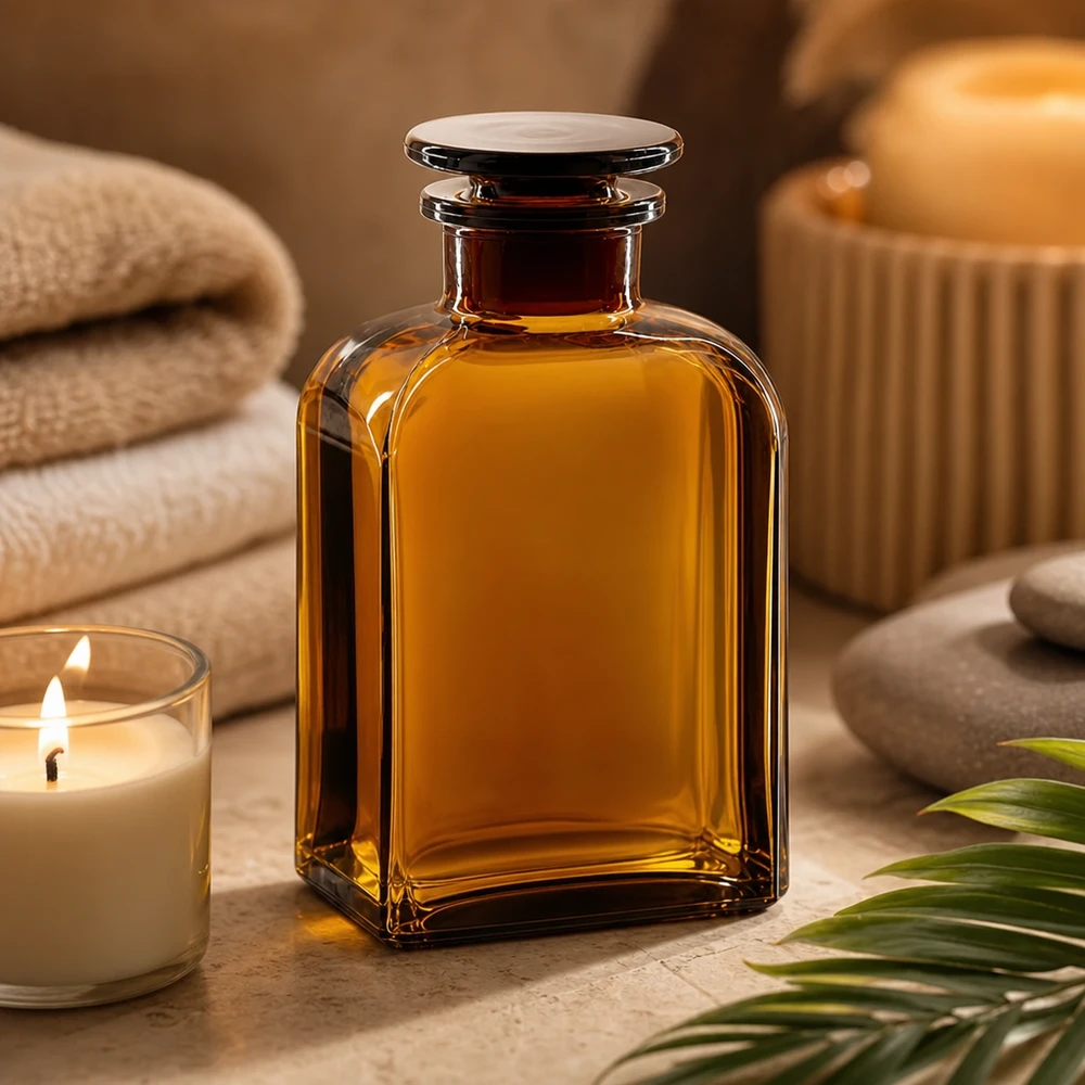 Kvadratisk flaska 500ml brun glaspropp med bred hals Brun flaska med vid hals, 500 ml, tillverkad av apotekerglas med rund glaspropp för massageoljor