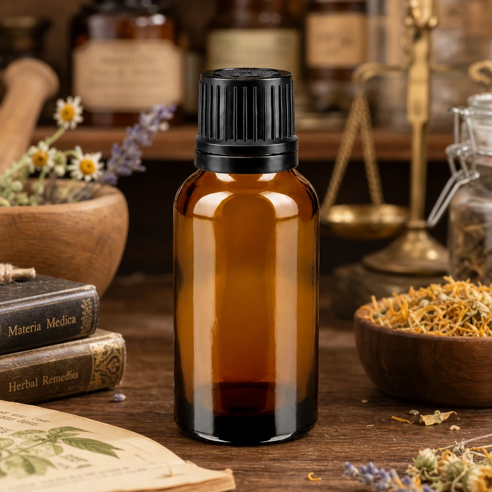 20 ml bärnstensfärgad glasbehållare med svart originalförslutning för örtextrakt