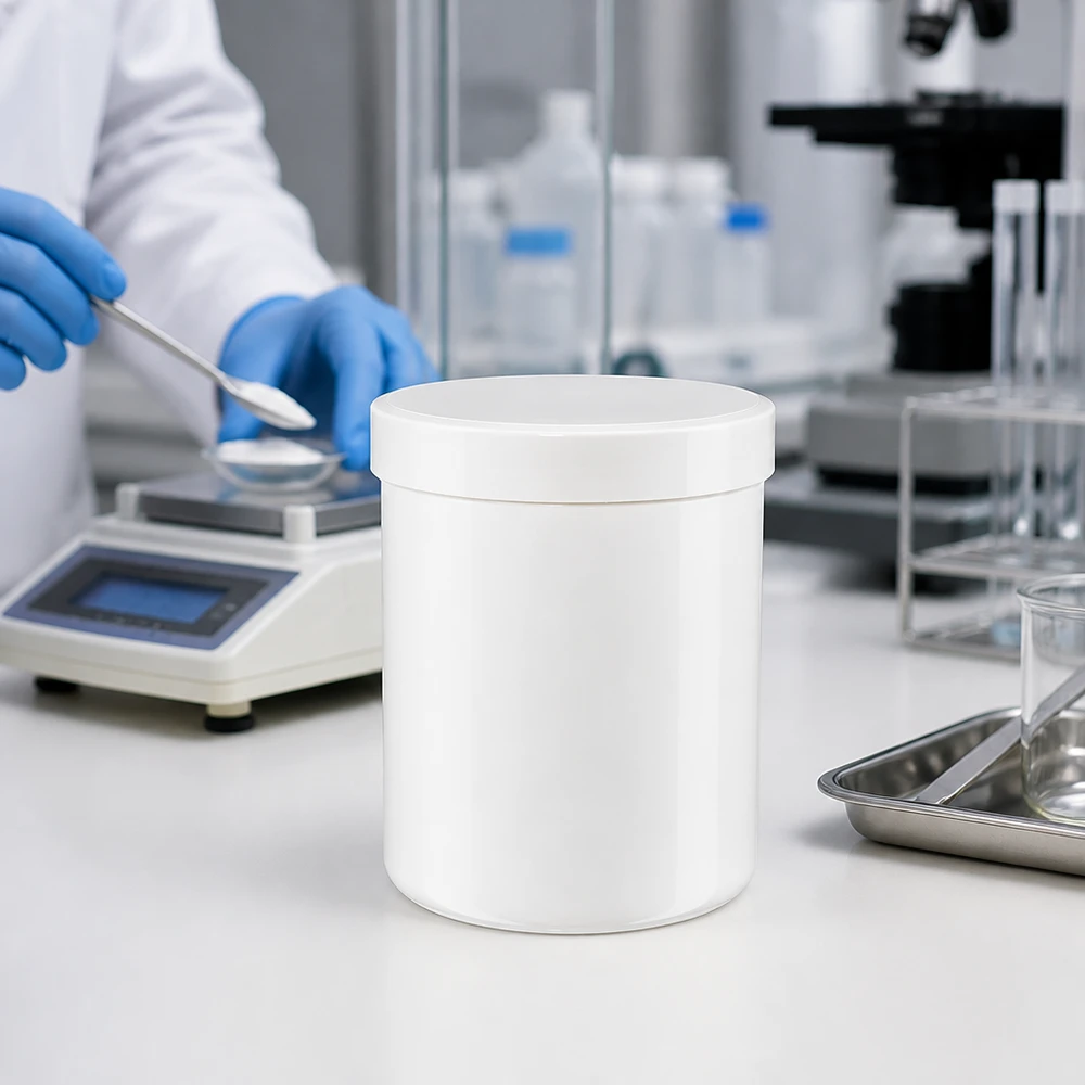 Salvburk 200g vit med vitt skruvlock (polypropylen) Cylindrisk 200 g salvorburk av vitt polypropen med passande skruvlock för apotek