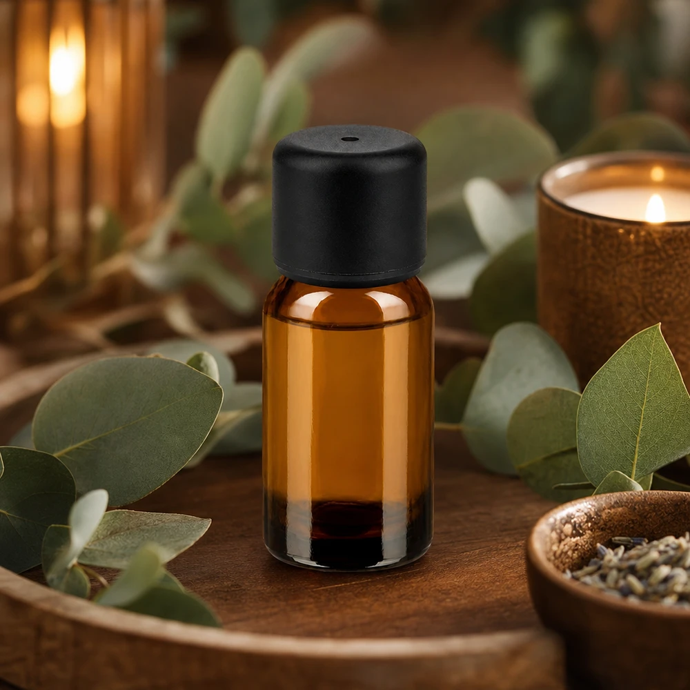 Liten 10 ml glasflaska i brunt med svart lock för naturliga essenser och extrakt