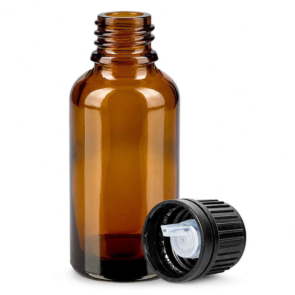 30 ml Droppflaska 1 mm svart med säkerhetsförslutning BrownLine UT18/30 Droppflaska i brunt 30 ml glas med 1 mm doseringsöppning för exakt applicering av eteriska oljor