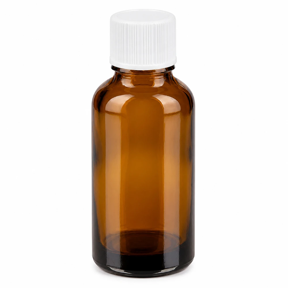 30ml flaska 11mm skruvkork vit Standard BrownLine UT18/30 30 ml bärnstensfärgad glasflaska med vitt skruvlock för kosmetika och läkemedel