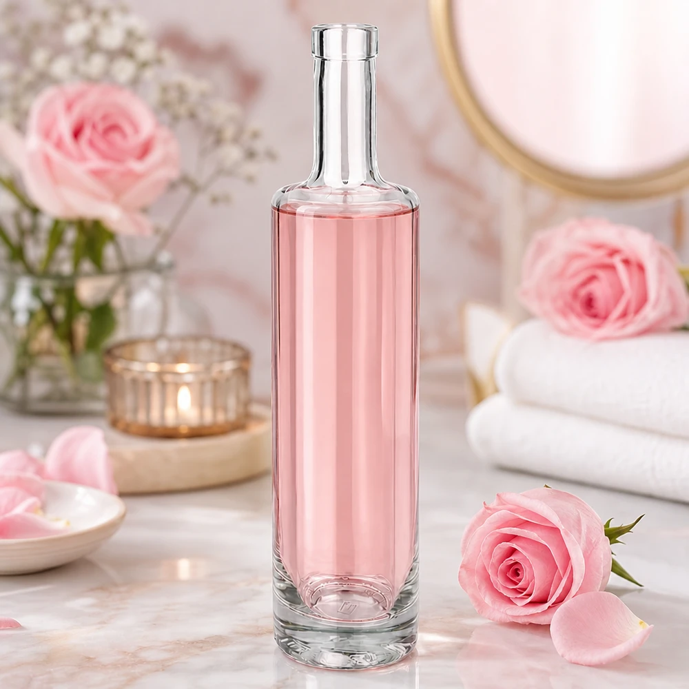 500 ml Lina-glasflaska med rosa innehåll i en romantisk spa-atmosfär med rosa rosor och wellness-dekoration