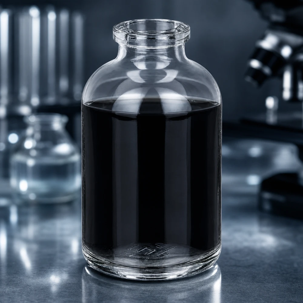 Injektionsflaska klarglas 50ml Hochwertige Klarglas Injektionsflasche 50ml mit schwarzem Reagenz im wissenschaftlichen Labor