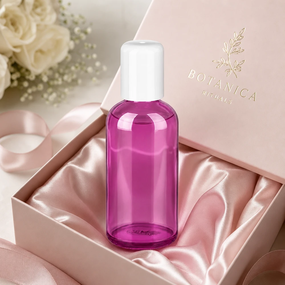 Transparent 100 ml roll-on-flaska i lila med praktiskt roll-on-lock för enkel dosering
