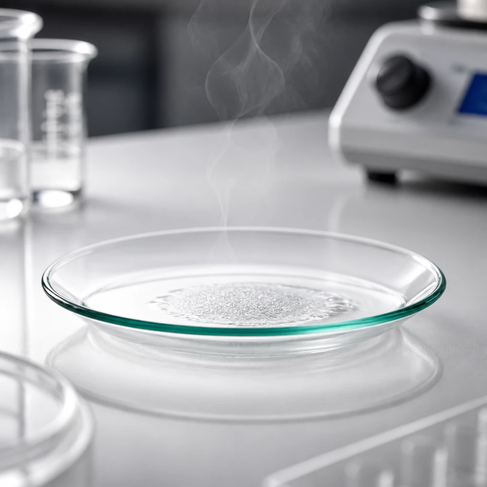 Klockformad glasskål ø70 mm Vaporising watch glasskål 70mm visar förångningsprocessen med vita kristaller i en laboratoriemiljö