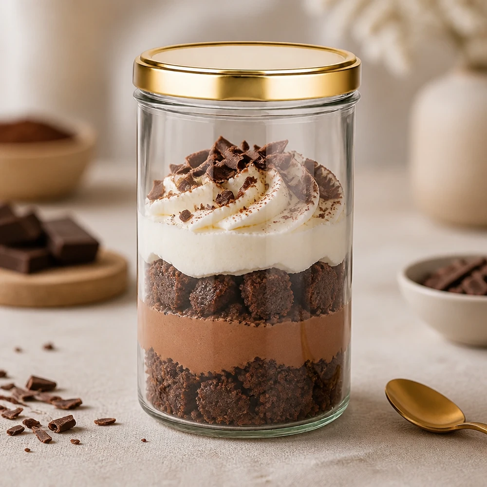277 ml glas med UNiTWIST-lock i guld som dessertglas för chokladtiramisu med grädde och kakao