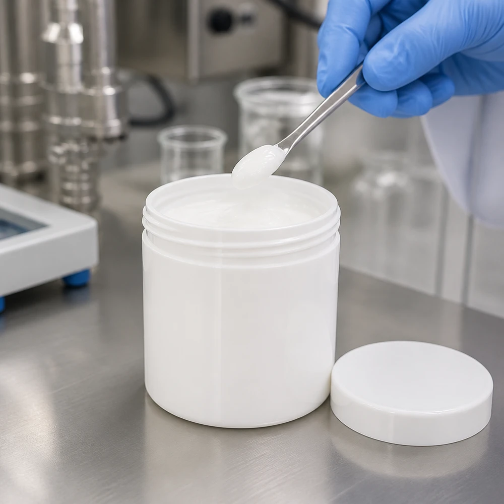 Salvburk 10g vit med vitt skruvlock (polypropylen) En laboratorieassistent tar ut vit salva ur en 10 g PP-salvburk med skruvlock