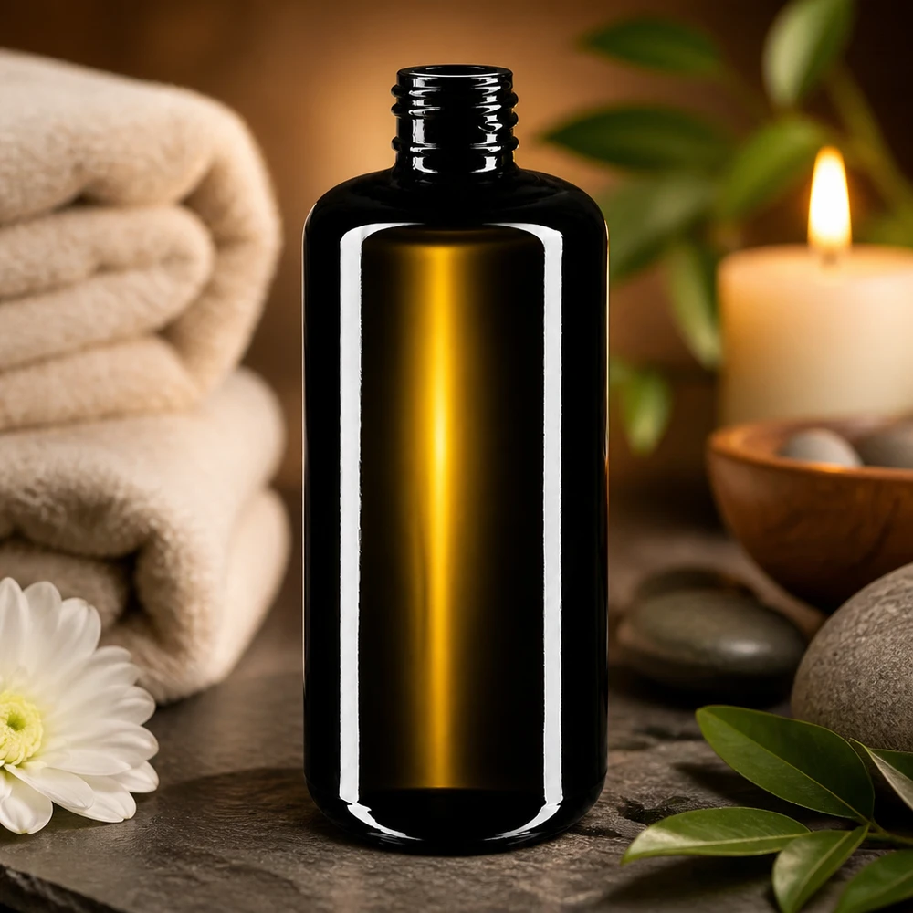 Flaska i violett glas 200ml 410/24 Snygg 200 ml Draco-glasflaska med smal silhuett för professionella spa- och hälsoprodukter