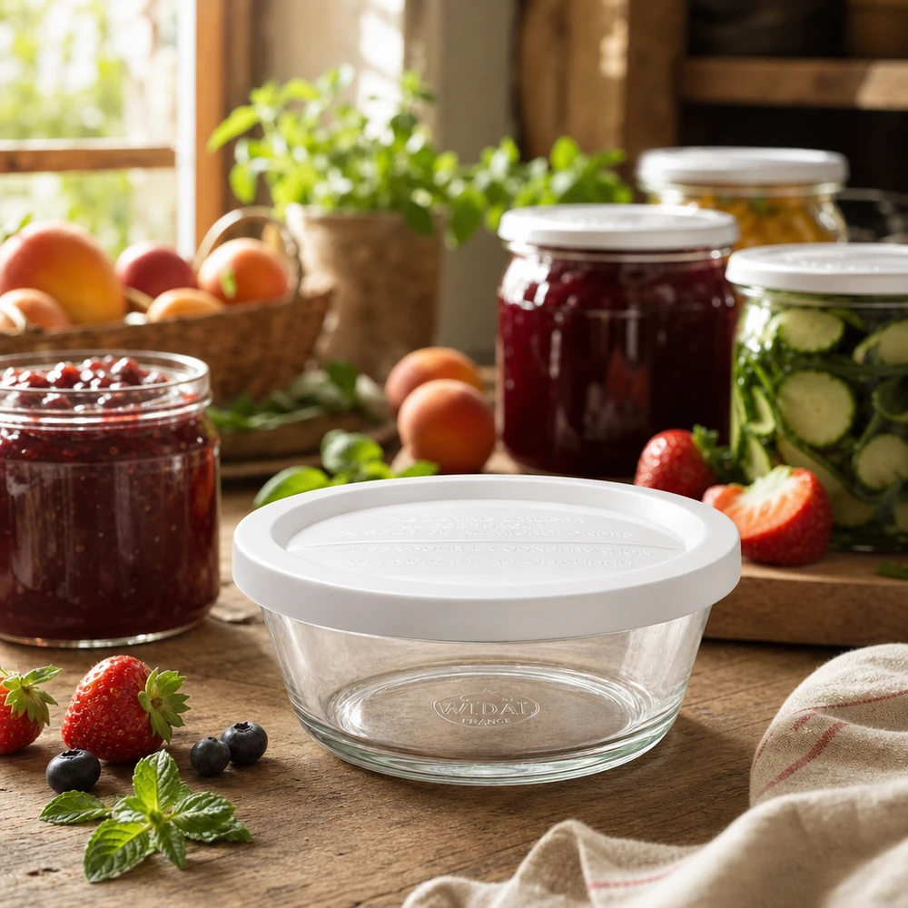 300ml gourmetburk med frisyr. WECK RR120 WECK Gourmetglas RR120 in gemütlicher Küche mit Einmachgläsern und frischen Früchten für moderne Vorratshaltung