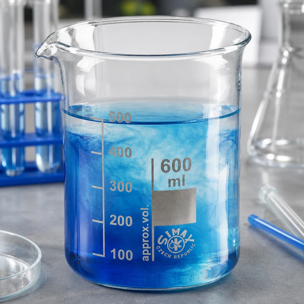 Värmebeständig bägare 600 ml med låg form tillverkad av robust borosilikatglas för laboratoriebruk
