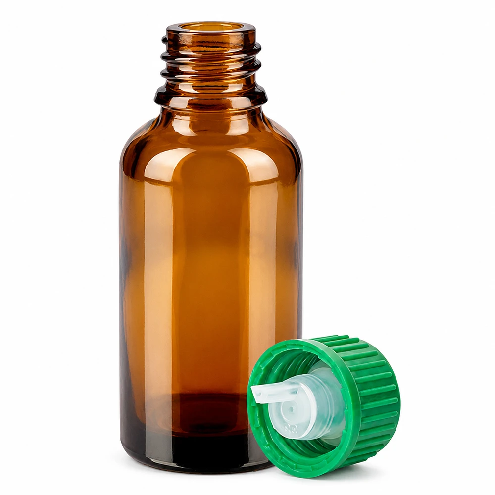30 ml droppflaska tillverkad av bärnstensfärgat glas med 0,8 mm öppning för fin dosering av eteriska oljor