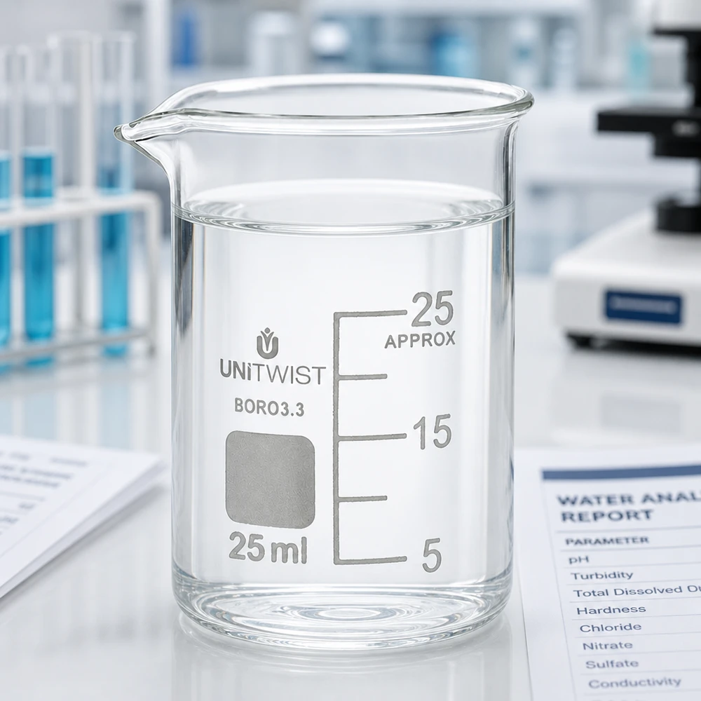 Bägare 25ml borosilikat, lågformad UNiTWIST UNiTWIST-bägare i glas, 25 ml, låg form, med vattenanalysrapport och mikroskop i laboratoriet