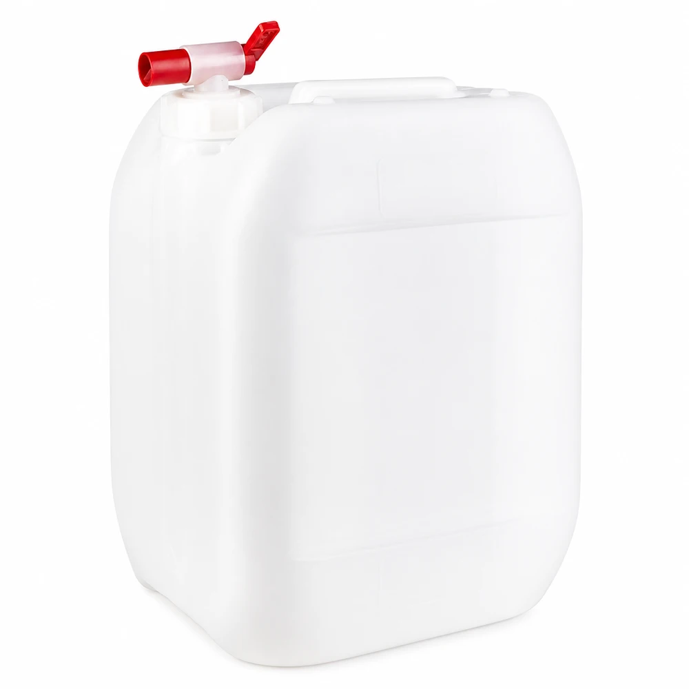 Dunk 10 liter med avtappningskran Vit 10-litersdunk av HDPE-plast med röd utloppskran på ovansidan