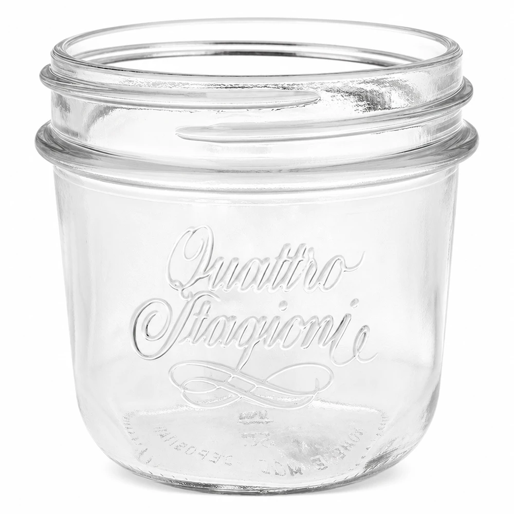 200ml "Quattro Stagioni" krossade glasögon QS86mm 200 ml Quattro Stagioni konserveringsburk av klarglas med präglad logotyp utan lock för konservering och förvaring