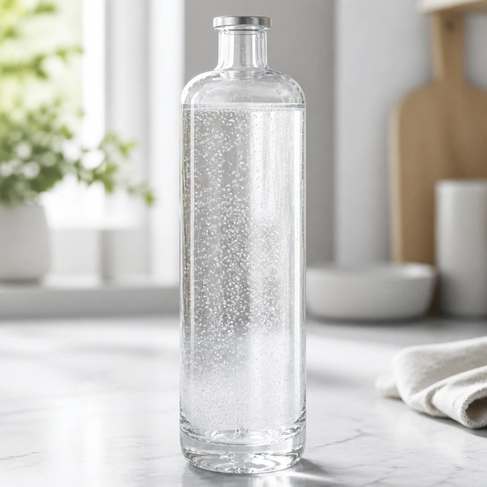 700 ml glasflaska Ella utan lock UNiTWIST® 700 ml glasflaska Ella fylld med kolsyrat mineralvatten på en ljus köksbänk i en modern miljö
