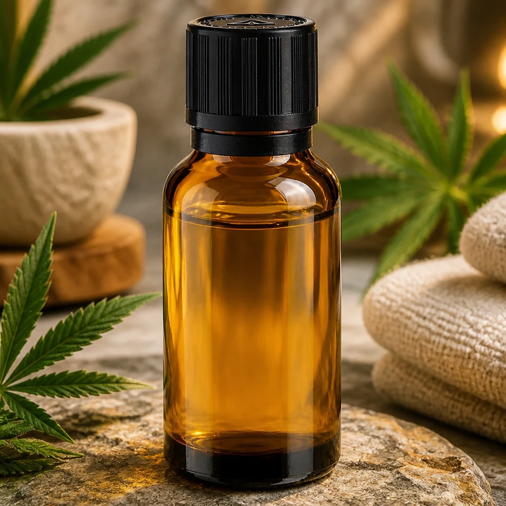 Apoteksflaska brun 20ml dropplock hällring 1mm svart barnsäkerhetslås blind varningssymbol manipulationsskydd 20 ml brun glasflaska av apotekstyp med svart barnsäkerhetslock bland cannabisblad